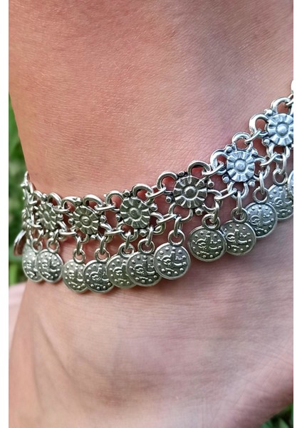 Antik Gümüş Kaplama Geometrik Şekilli & Tuğralı El Yapımı Halhal fiyatları