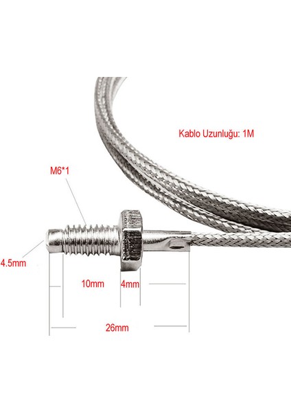 K-Type Thermocouple 1 Metre Sıcaklık Isı Sensörü 0-800C 6mm Dişli