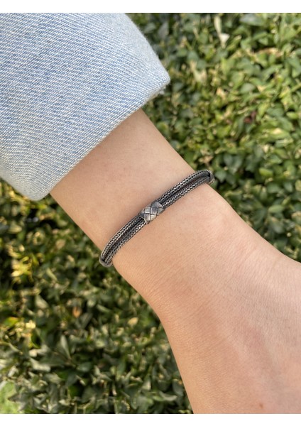 Çift Zincir Oksitli Gümüş Kazaziye 17 cm Bileklik