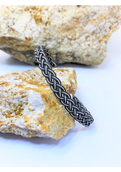 Gümüş Kazaziye Siyah Beyaz Örgü Üç Sıra 21 cm Bileklik