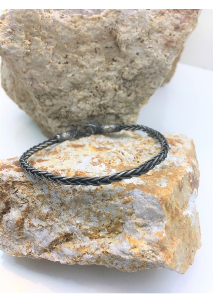 Gümüş Kazaziye Oksitli Örgü 21 cm Bileklik