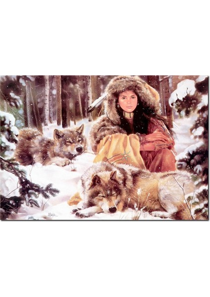 Cakatablo Ahşap Tablo Kızılderili Kız ve Karlar Içinde Kurtlar Görseli