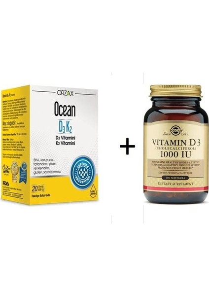 Ocean D3 K2 Damla 20 ml + Solgar Vitamin D3 1000 Iu 100 Softjel