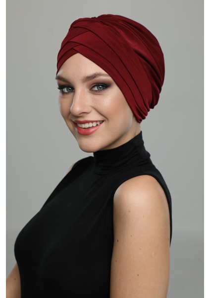 Üç Bantlı Bordo Hazır Türban Tesettür Havuz Bonesi