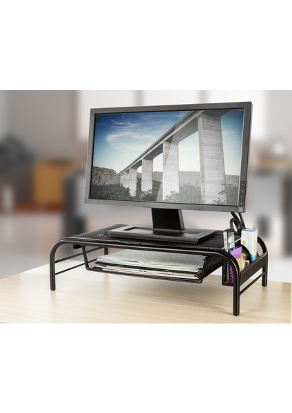 Raflı ve 2 Cepli Monitör Ekran Yükseltici Gümüş