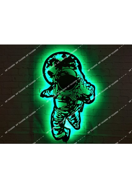 MF Tasarım Rgb Kumandalı Astronot LED Işıklı Ahşap Mdf Dekoratif Tablo 85X55