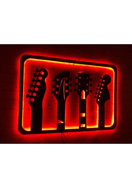 MF Tasarım Rgb Kumandalı Gitar Seti LED Işıklı Ahşap Mdf Dekoratif Tablo 50X35