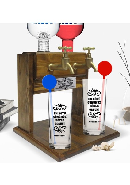 Kişiye Özel Renkli Baskılı En Kötü Günümüz Böyle Olsun Tasarımlı Ikili Vodka Bardağı ve Çift Musluklu Doğal Ahşap Vodka Standı-1 fiyatları