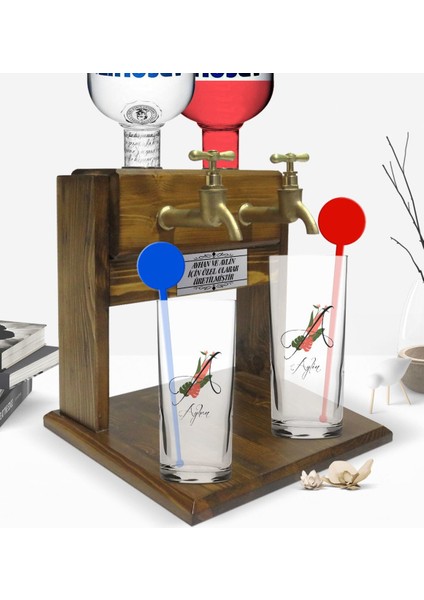 Kişiye Özel Renkli Baskılı Harf ve Isim Tasarımlı Ikili Vodka Bardağı ve Çift Musluklu Doğal Ahşap Vodka Standı-5 fiyatları