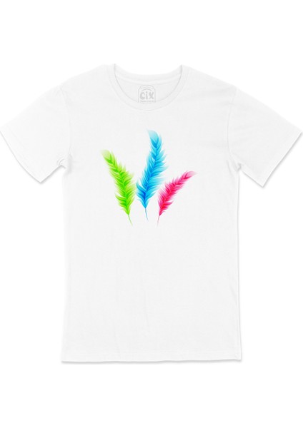 Renkli Kuş Tüyü Tasarımlı Tişört