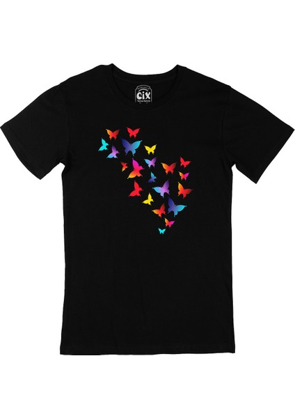 Renkli Kelebekler Siyah T-Shirt