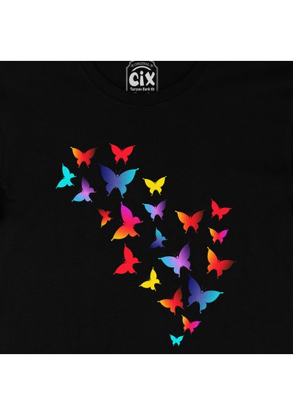 Renkli Kelebekler Siyah T-Shirt fiyatları
