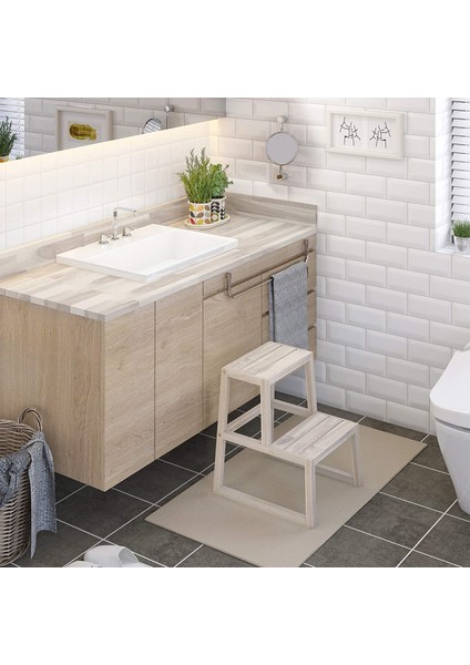 Interbuild Akasya Masif Ağaç,holger 2 Basamaklı Tabure, Organik Beyaz