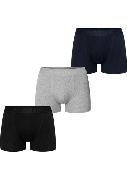 Erkek Siyah Gri Lacivert 3’lü Paket Düz Likralı Boxer Şort