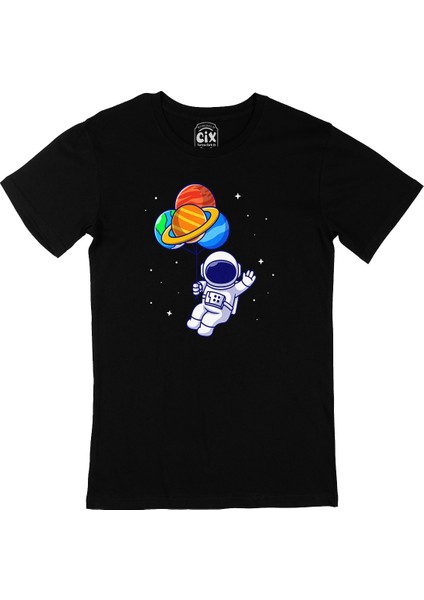 Gezegen Balonlu Astronot Siyah T-Shirt