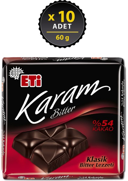 Karam %54 Kakaolu Bitter Çikolata 60 g x 10 Adet