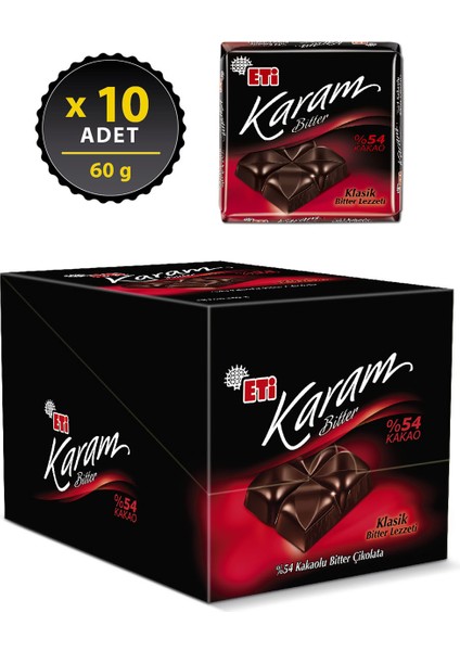 Karam %54 Kakaolu Bitter Çikolata 60 g x 10 Adet