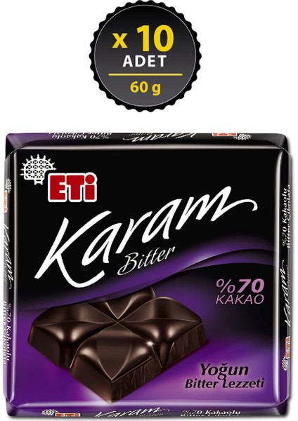 Karam %70 Kakaolu Bitter Çikolata 60 g x 10 Adet