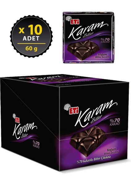 Karam %70 Kakaolu Bitter Çikolata 60 g x 10 Adet