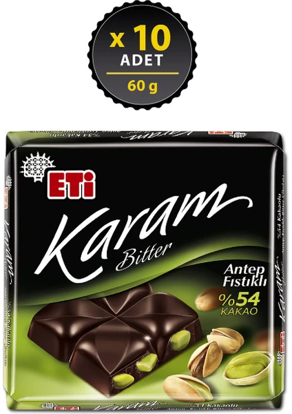 Karam %54 Kakaolu Antep Fıstıklı Bitter Çikolata 60 g x 10 Adet