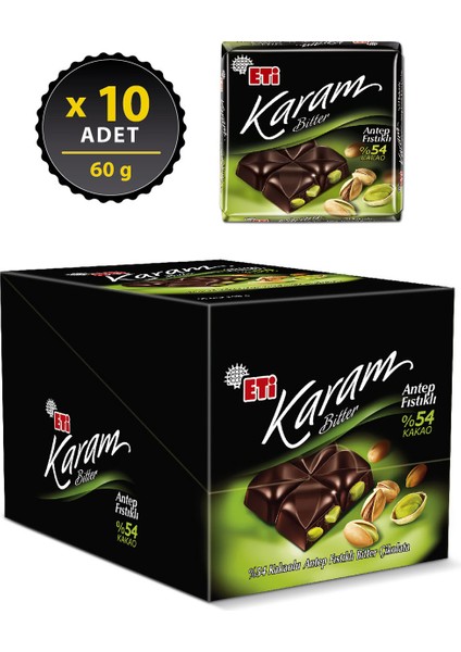 Karam %54 Kakaolu Antep Fıstıklı Bitter Çikolata 60 g x 10 Adet