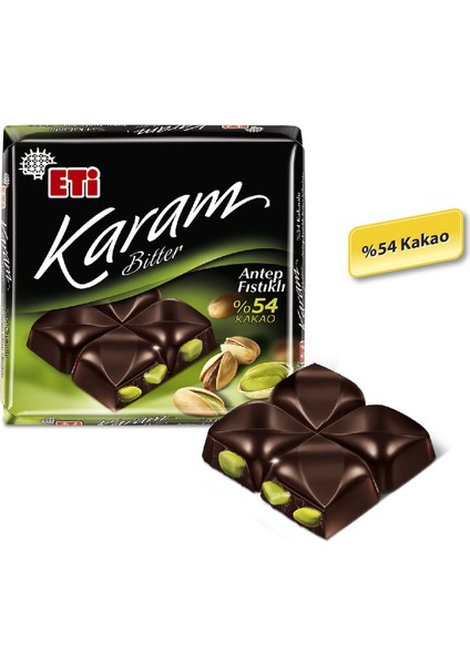 Karam %54 Kakaolu Antep Fıstıklı Bitter Çikolata 60 g x 10 Adet