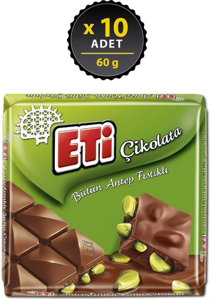 Antep Fıstıklı Kare Çikolata 60 g x 10 Adet