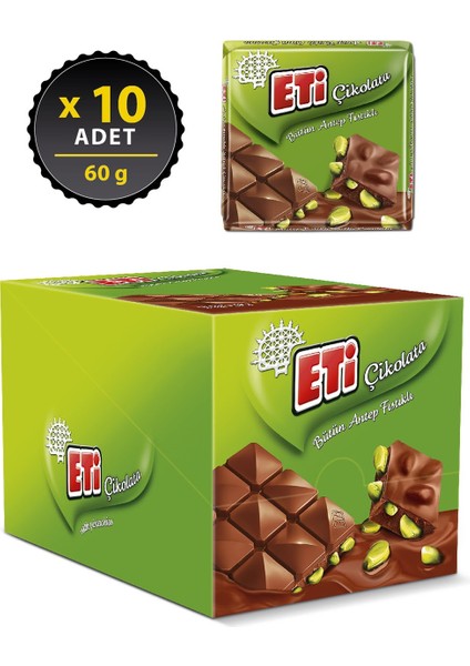 Antep Fıstıklı Kare Çikolata 60 g x 10 Adet