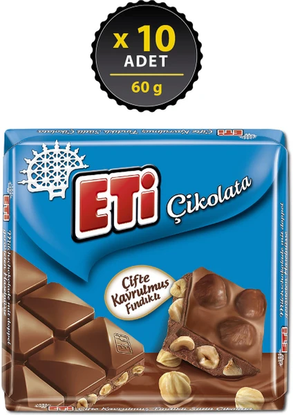 Çikolata Çifte Kavrulmuş Fındıklı Sütlü Kare 60 g x 10 Adet