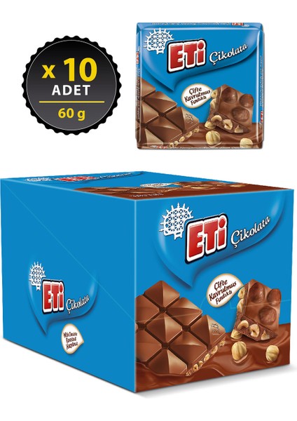 Çikolata Çifte Kavrulmuş Fındıklı Sütlü Kare 60 g x 10 Adet