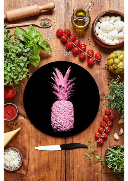 Siyah Ananas Desenli Cam Kesme Tahtası Sunum Tabağı Çap 32 cm