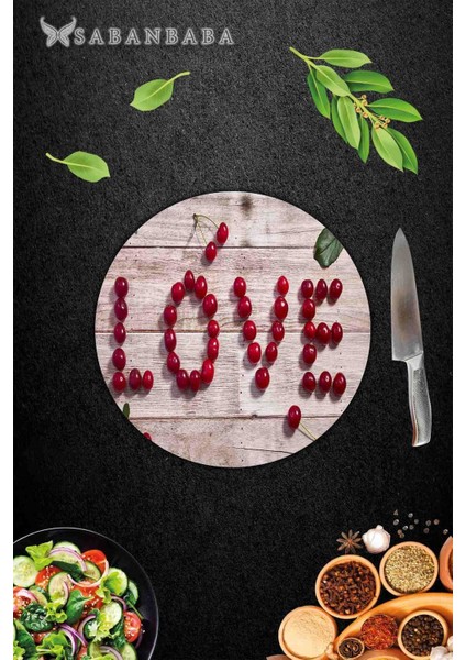 Love Kiraz Desenli Cam Kesme Tahtası Sunum Tabağı Çap 32 cm fiyatları