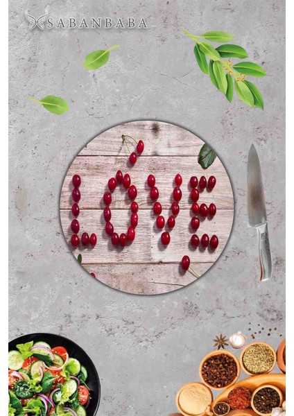 Love Kiraz Desenli Cam Kesme Tahtası Sunum Tabağı Çap 32 cm modelleri