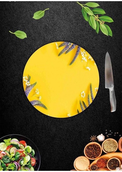 Sarı Karanfil Cam Kesme Tahtası Sunum Tabağı Çap 20