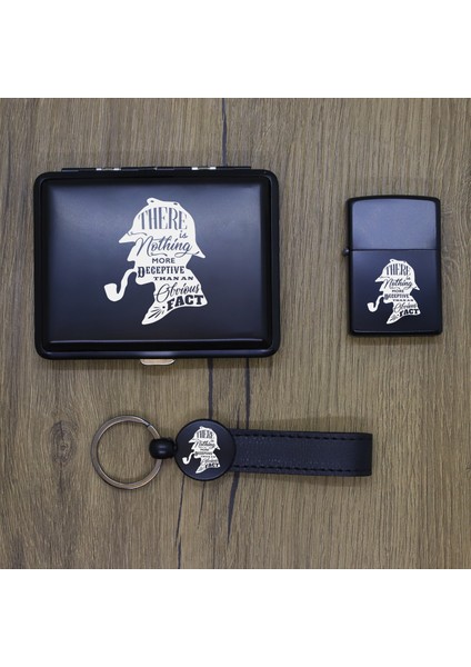Kişiye Özel Sherlock Holmes Metal Tabaka, Zippo Çakmak ve Anahtarlık Seti