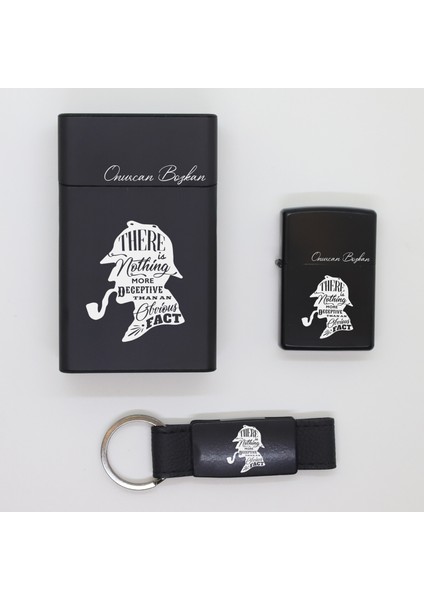 Kişiye Özel Sherlock Holmes Metal Sigara Kutusu, Zippo Çakmak ve Anahtarlık Seti