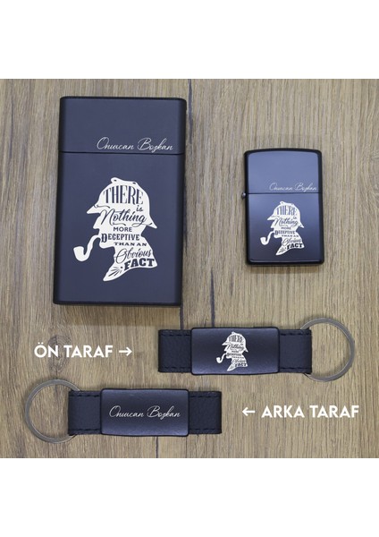 Kişiye Özel Sherlock Holmes Metal Sigara Kutusu, Zippo Çakmak ve Anahtarlık Seti