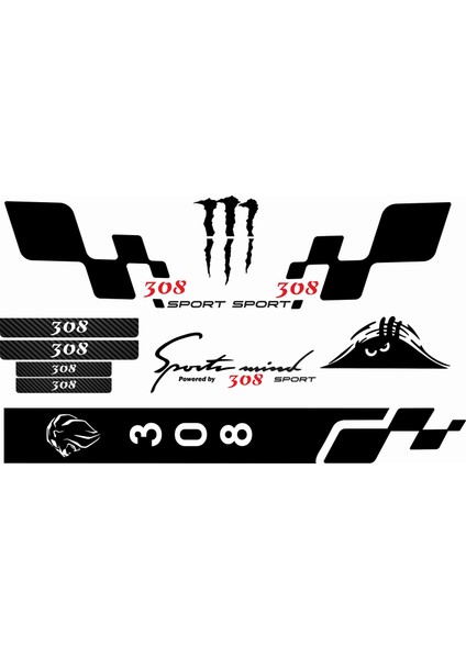 Peugeot 308 Sticker Seti Kapı Eşiği, Kaput, Monster Pençe Power By Sport
