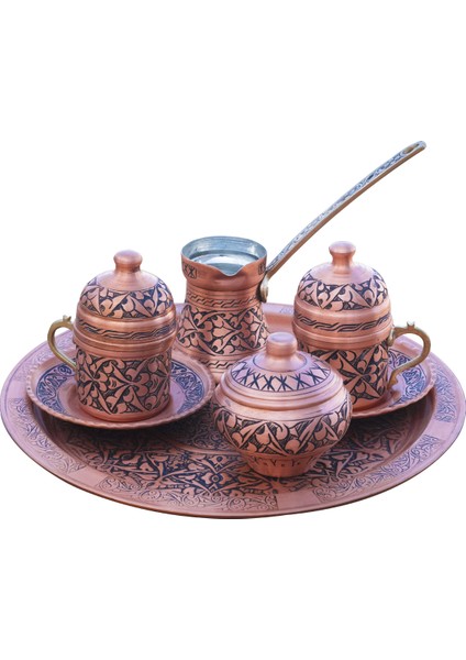 Bakır Kahve Seti Oyma Nakışlı İşleme Bakır Renk