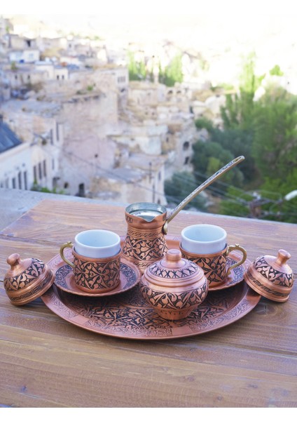 Bakır Kahve Seti Oyma Nakışlı İşleme Bakır Renk