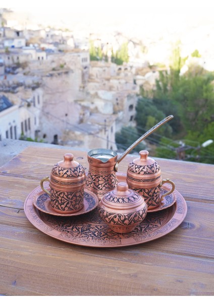 Bakır Kahve Seti Oyma Nakışlı İşleme Bakır Renk
