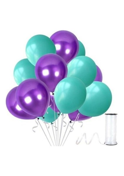 10 Adet Su Yeşili-Mor Metalik Sedefli Balon