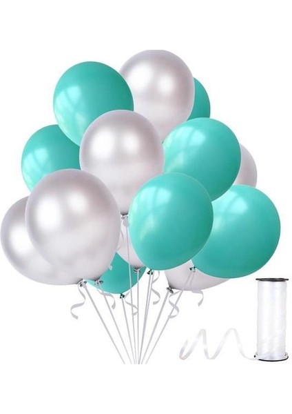 50 Adet Su Yeşili-Gümüş Metalik Sedefli Balon-Helyum Uyumlu