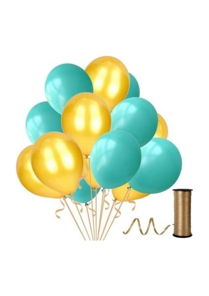 15 Adet Su Yeşili-Altın(Gold) Metalik Sedefli Balon-Helyum Uyumlu-Parti