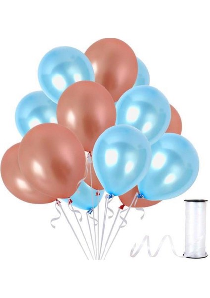 15 Adet Metalik Rose Gold, Açık Mavi Balon Konsepti-Uçan Balon