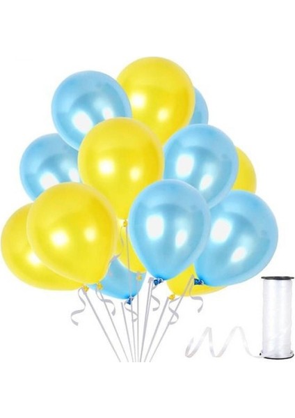25 Adet Metalik Sarı, Açık Mavi Balon Konsepti-Uçan-Güzel Balon