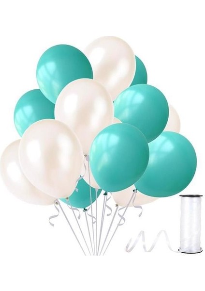 10 Adet Su Yeşili-Beyaz Metalik Sedefli Balon-Helyum Uyumlu-Parti