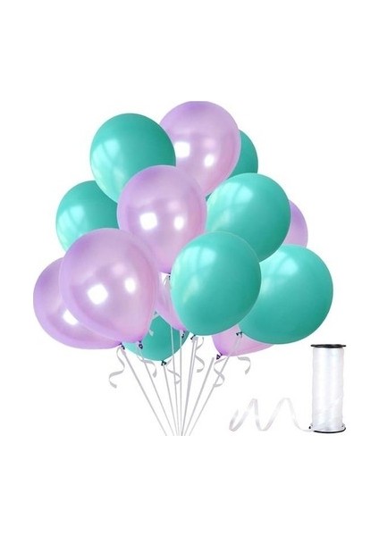 30 Adet Su Yeşili-Lila Metalik Sedefli Balon