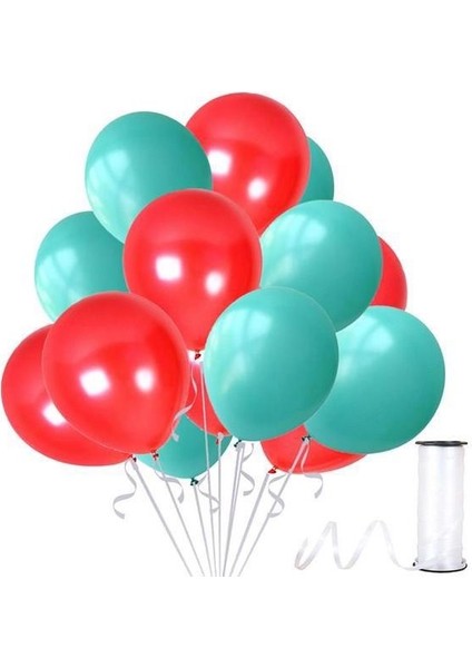80 Adet Su Yeşili-Kırmızı Metalik Sedefli Balon-Helyum Uyumlu-Dogum Günü-