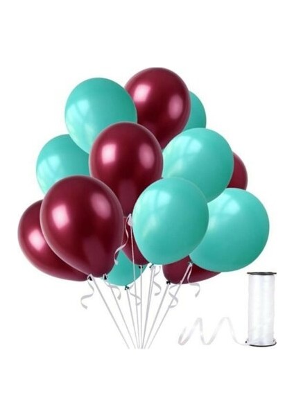 15 Adet Su Yeşili-Bordo Metalik Sedefli Balon-Helyum Uyumlu-Parti